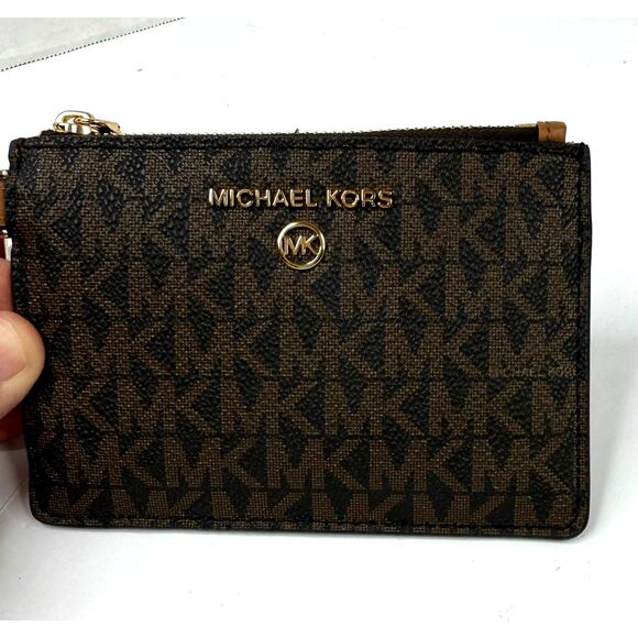 Michael Kors Wristlet Wallet with Gold Chain Brown on Black 5 X 3.5 inches - Picture 3 of 8
